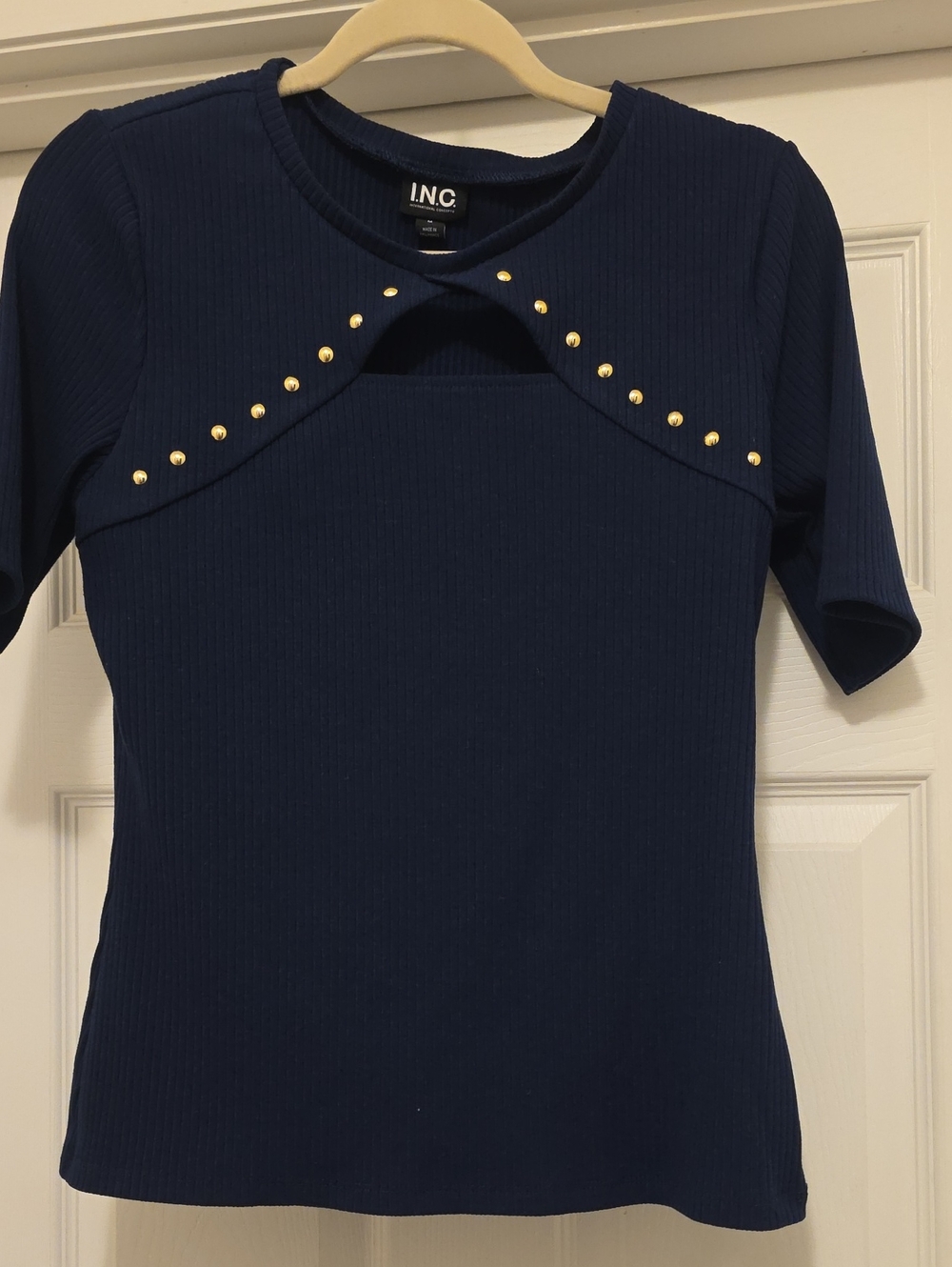 INC International Concepts Navy Ribbed Short Sleeve Top with Gold Studs